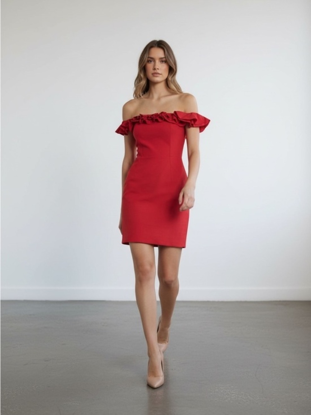 Off-Shoulder Ruffle Mini Dress in Red - Picture 1 of 2